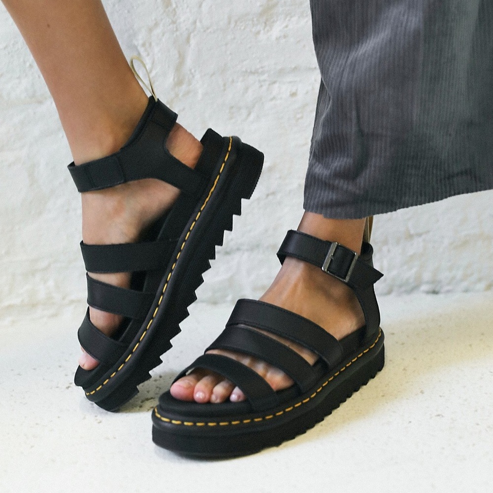 Dr. Martens Black Strap Lug Sandals with Yellow Stitching